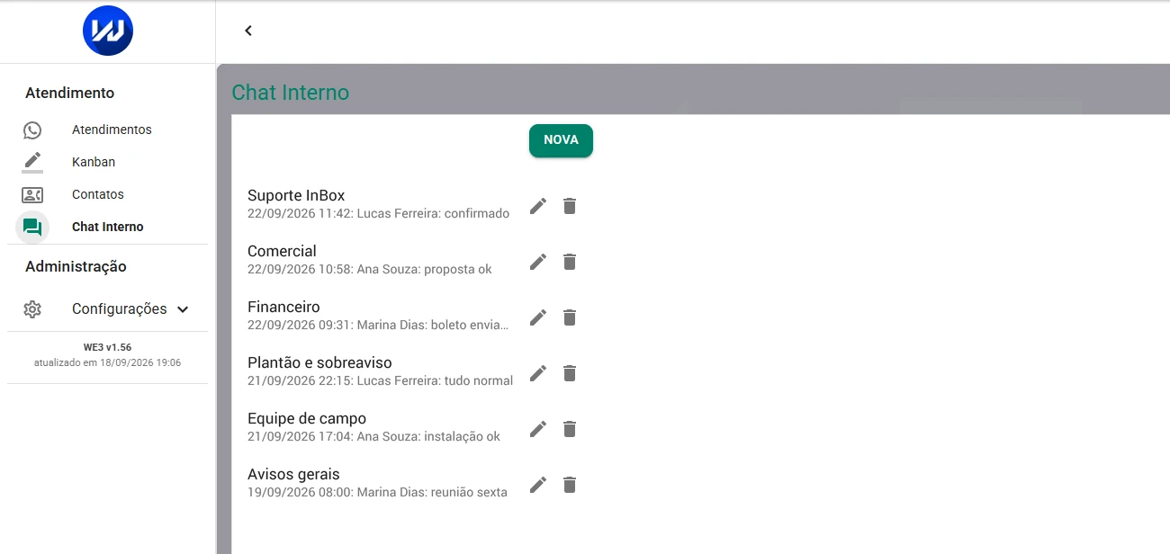 Chat interno do WE3 Ticket, com uma conversa da equipe e o menu lateral do sistema