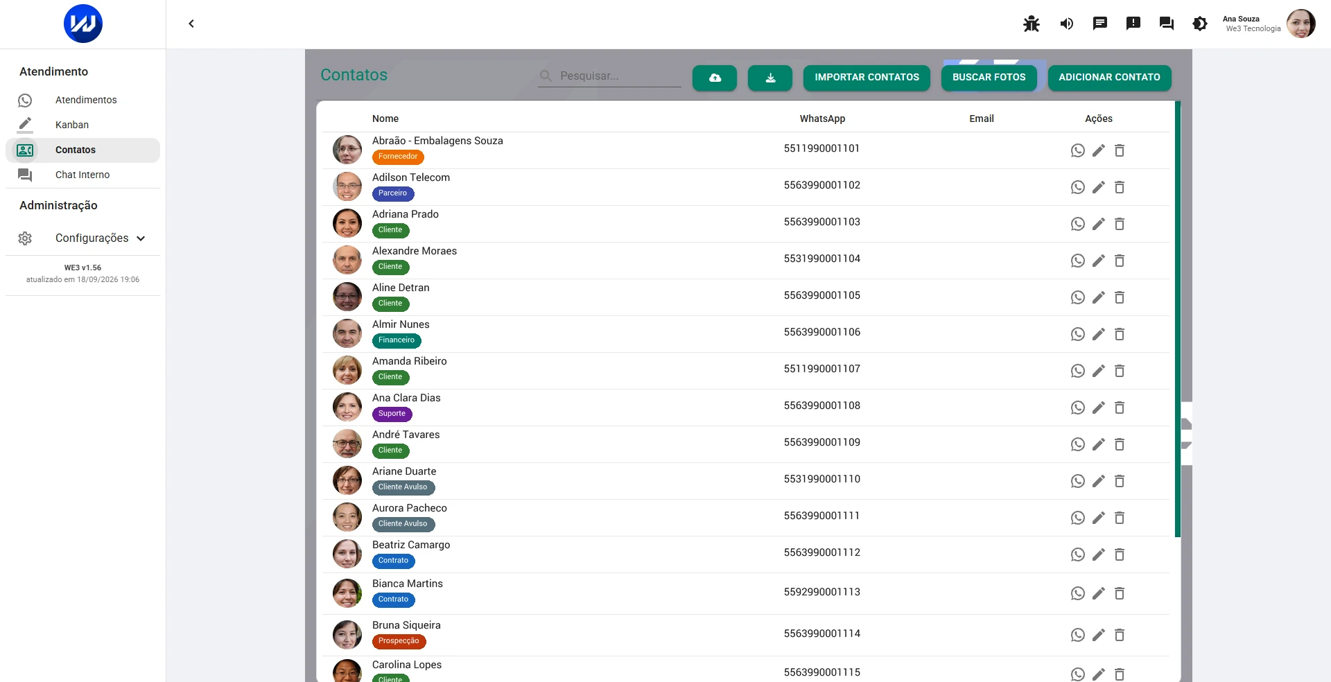 Lista de contatos do WE3 Ticket, com nome, número de WhatsApp e etiquetas