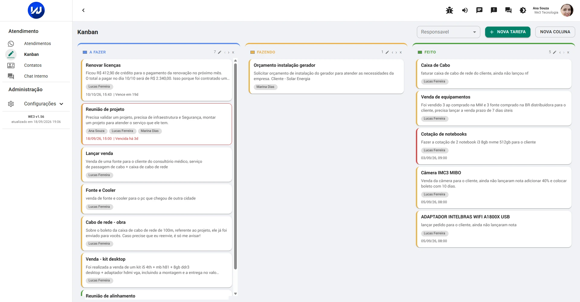 Quadro Kanban do WE3 Ticket com as colunas A fazer, Fazendo e Feito, e cartões com responsável e prazo